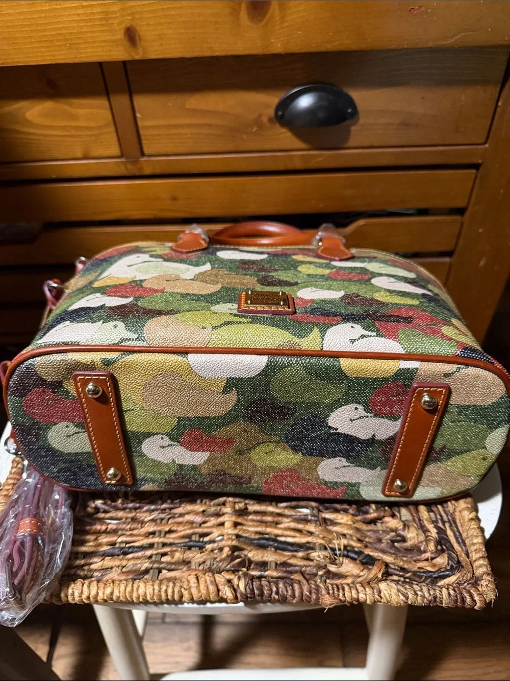Dooney & Bourke Multicolor Camo Duck-Print Satchel with Tan Leather Trim BNWT - Picture 4 of 10